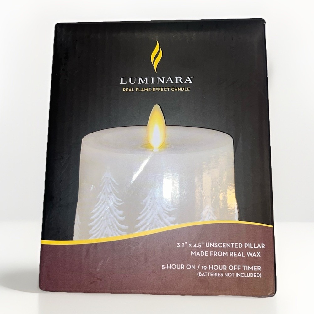 NIB Luminara Flameless Candle White Embossed Trees Pillar 4.5" h Unscented